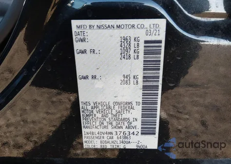 2021 Nissan Altima Sv Fwd из США, поврежденный, VIN 1N4BL4DV4MN376342